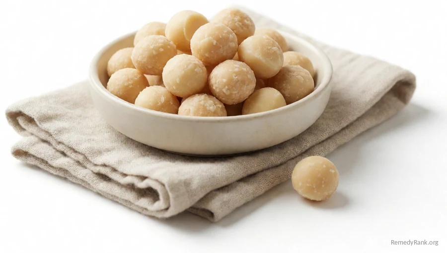 A handful of smooth, round macadamia nuts.