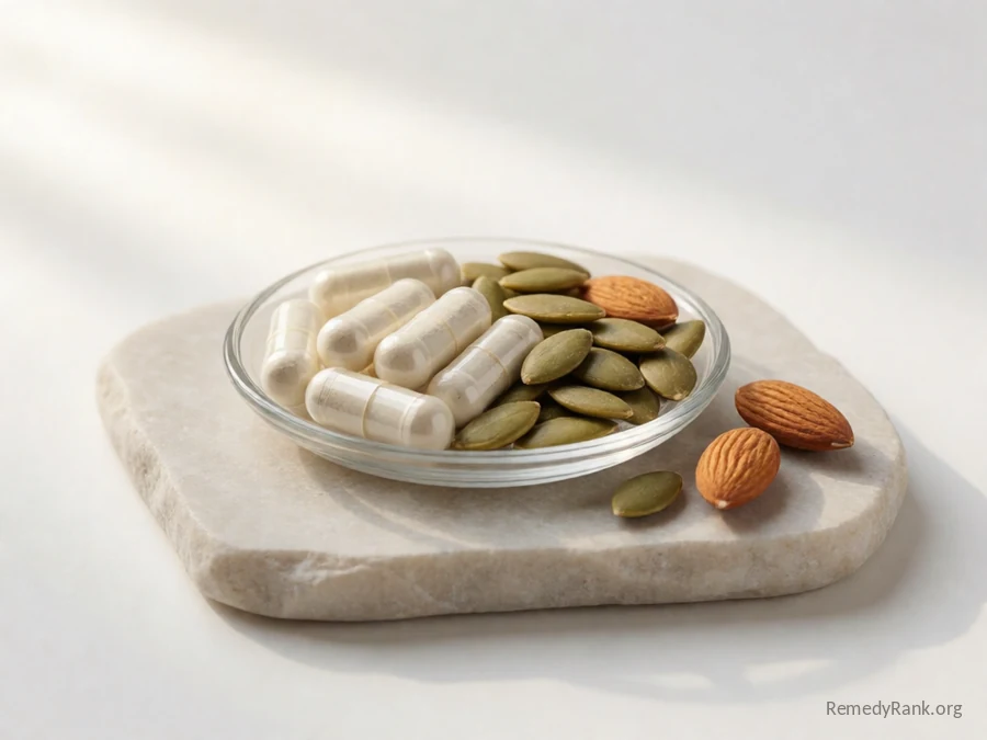 Clear capsules filled with white powder beside pumpkin seeds and almonds.