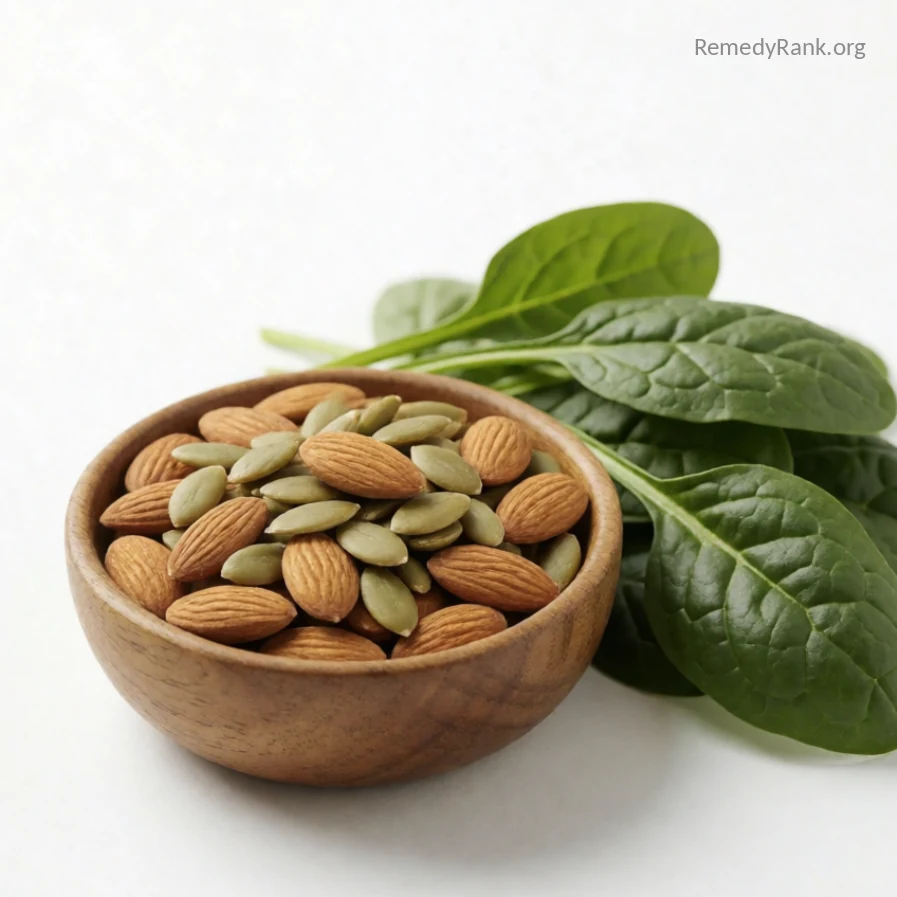A wooden bowl of raw almonds and pumpkin seeds next to fresh spinach leaves.