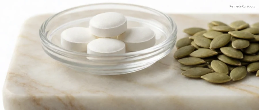 White magnesium tablets in a glass dish beside a handful of pumpkin seeds.