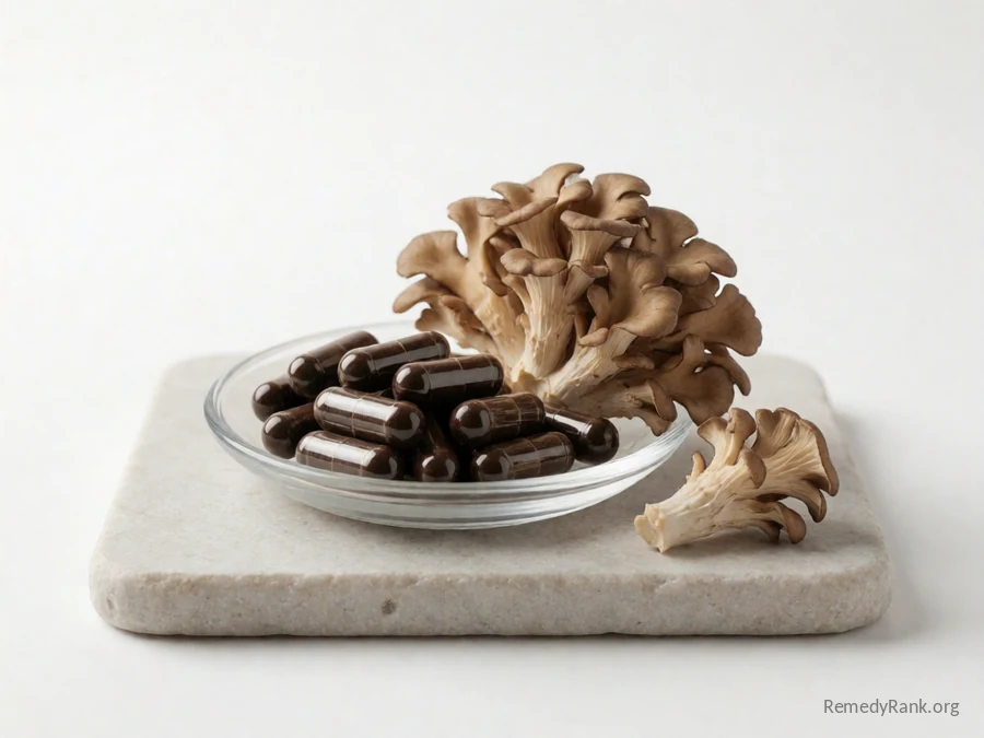 Dark brown capsules beside a cluster of frilled maitake mushrooms.