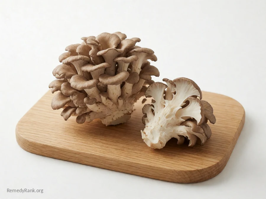 A whole maitake mushroom cluster beside a piece torn to show its pale flesh.