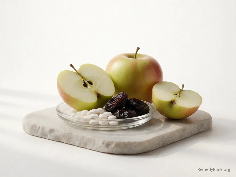 Small white tablets beside a halved green apple and dried prunes.