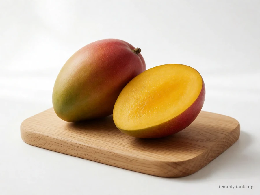 A whole mango beside a cut half showing its orange flesh and pit.