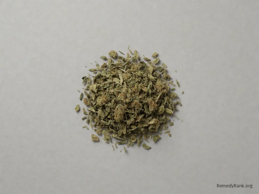 Dried cannabis buds and leaves photographed plainly on a neutral grey background.