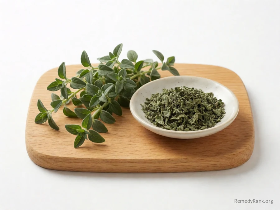 Fresh marjoram sprigs beside a dish of dried marjoram leaf.