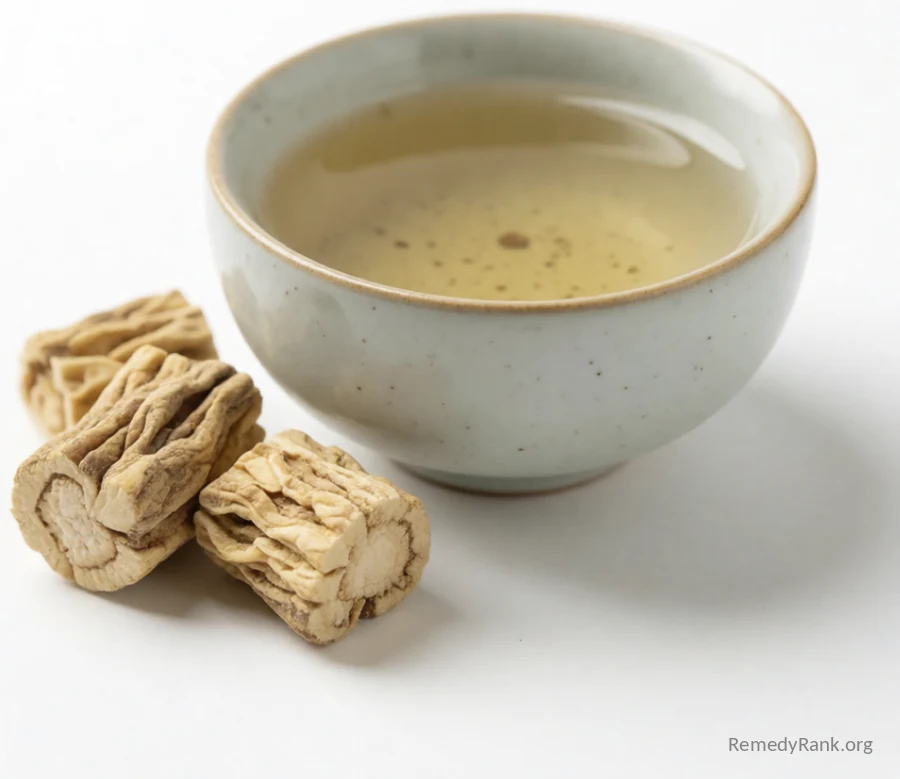 Dried pale marshmallow root pieces next to a ceramic cup of pale herbal tea.