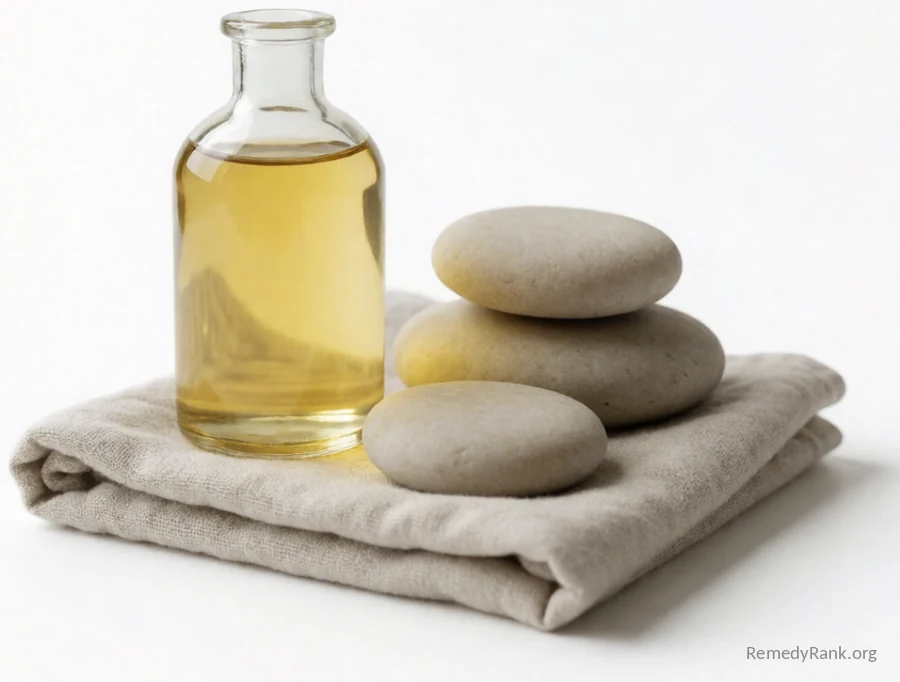 A glass bottle of golden massage oil next to a few smooth flat massage stones.