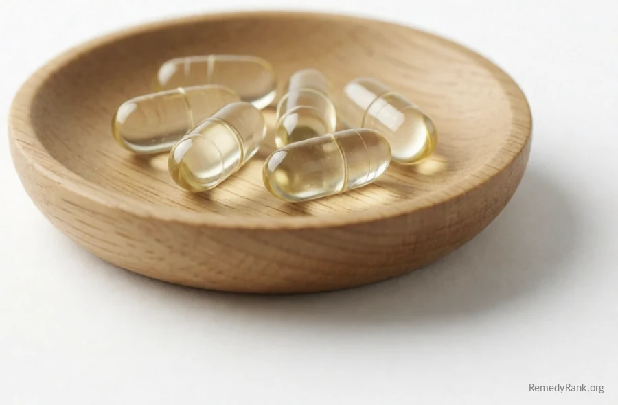 A wooden dish of pale golden mastic gum resin tears sits beside a few clear capsules.