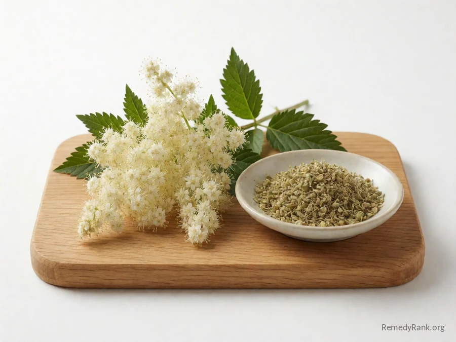 Fresh creamy-white meadowsweet flowers beside a dish of dried meadowsweet.