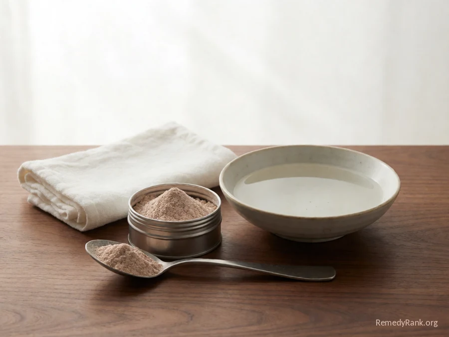 A small tin of meat tenderizer powder next to a spoon and a bowl of water.