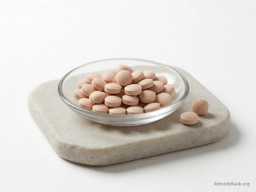 Small pale pink round tablets beside a handful of tart cherries.