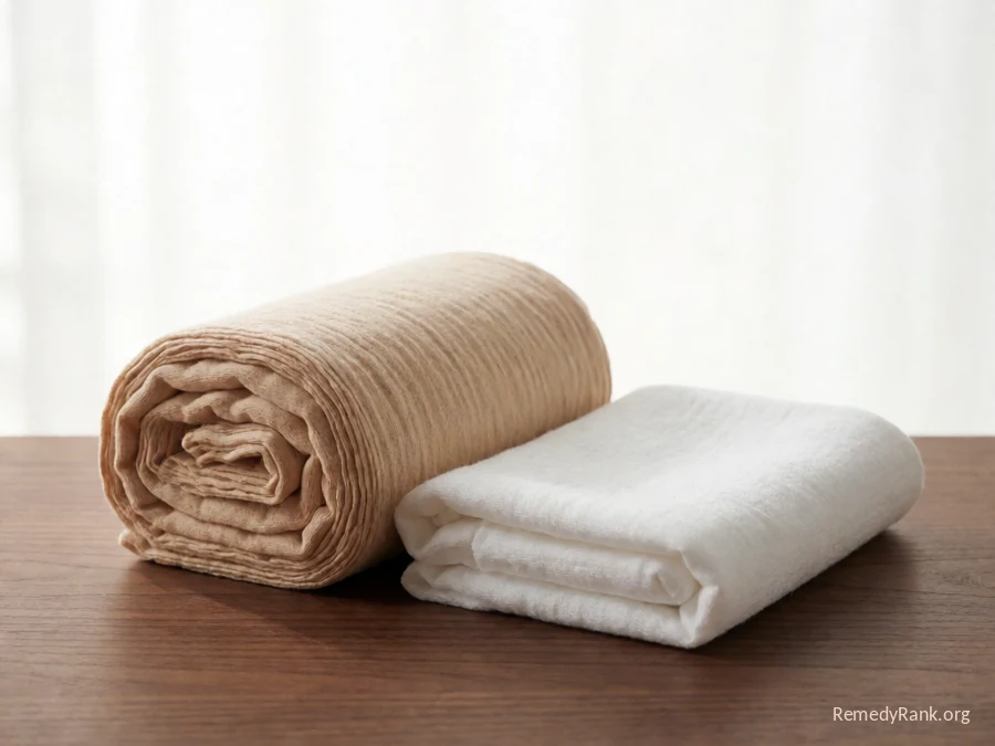 A warm water bottle next to a folded cloth wrap.