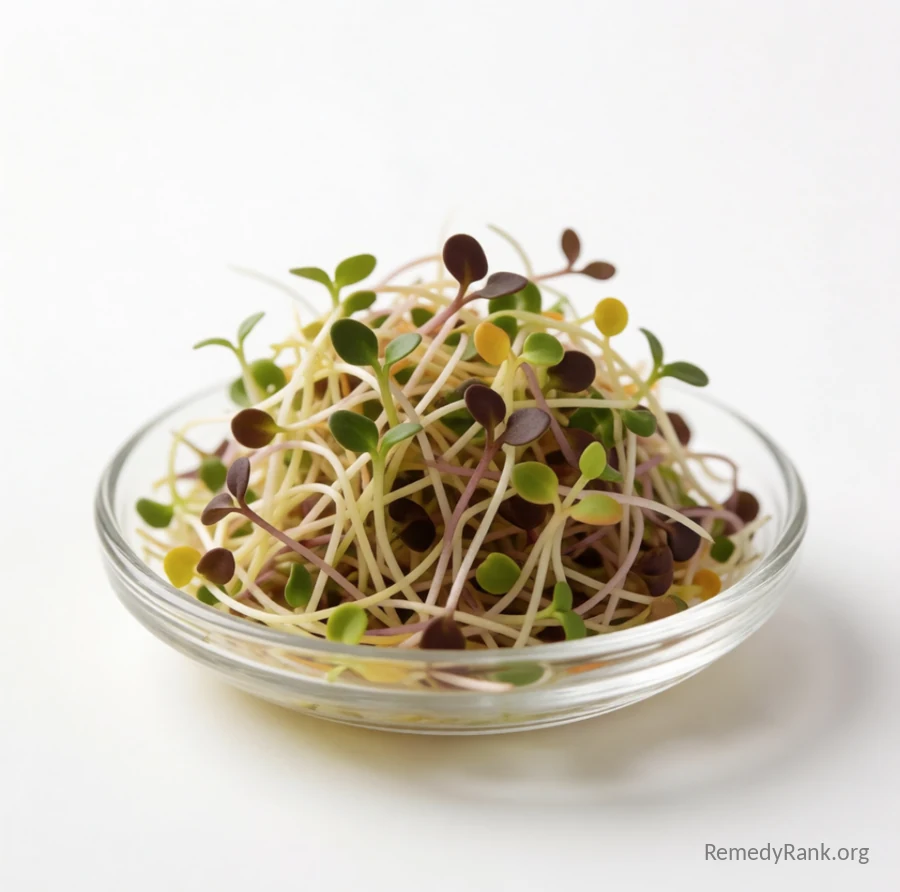 A small glass dish of colorful mixed microgreens with delicate stems and tiny young leaves.
