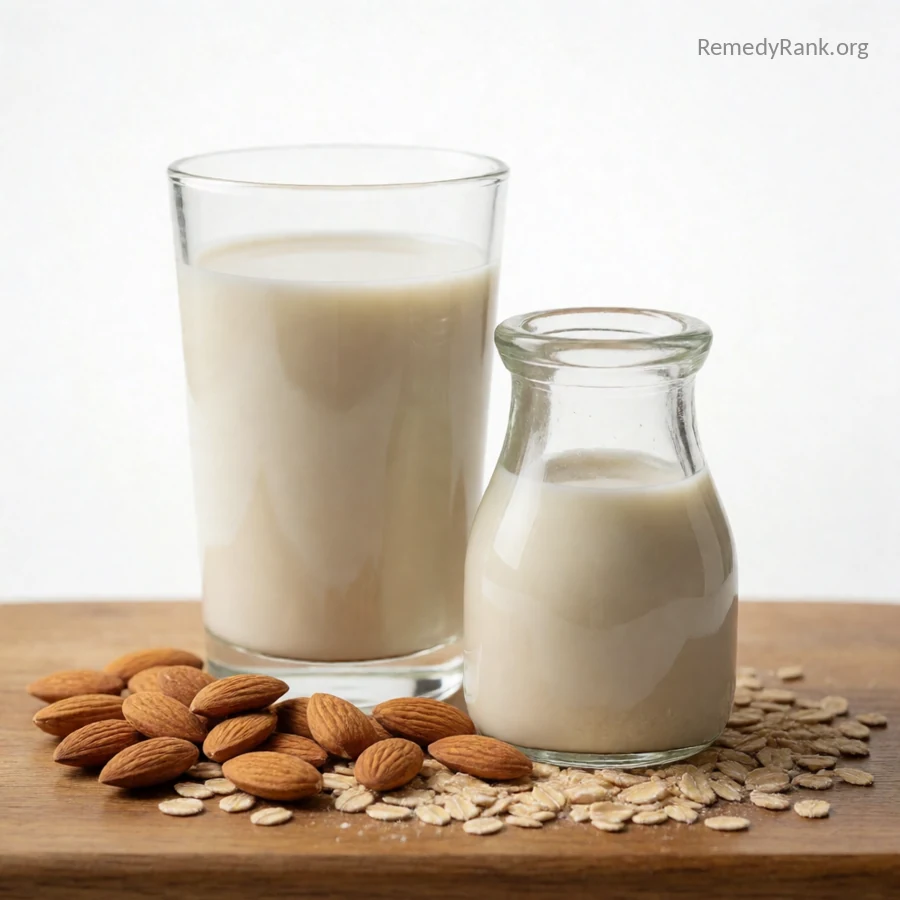 A glass and small jug of plant-based milk sit beside scattered almonds and rolled oats on a wooden board.