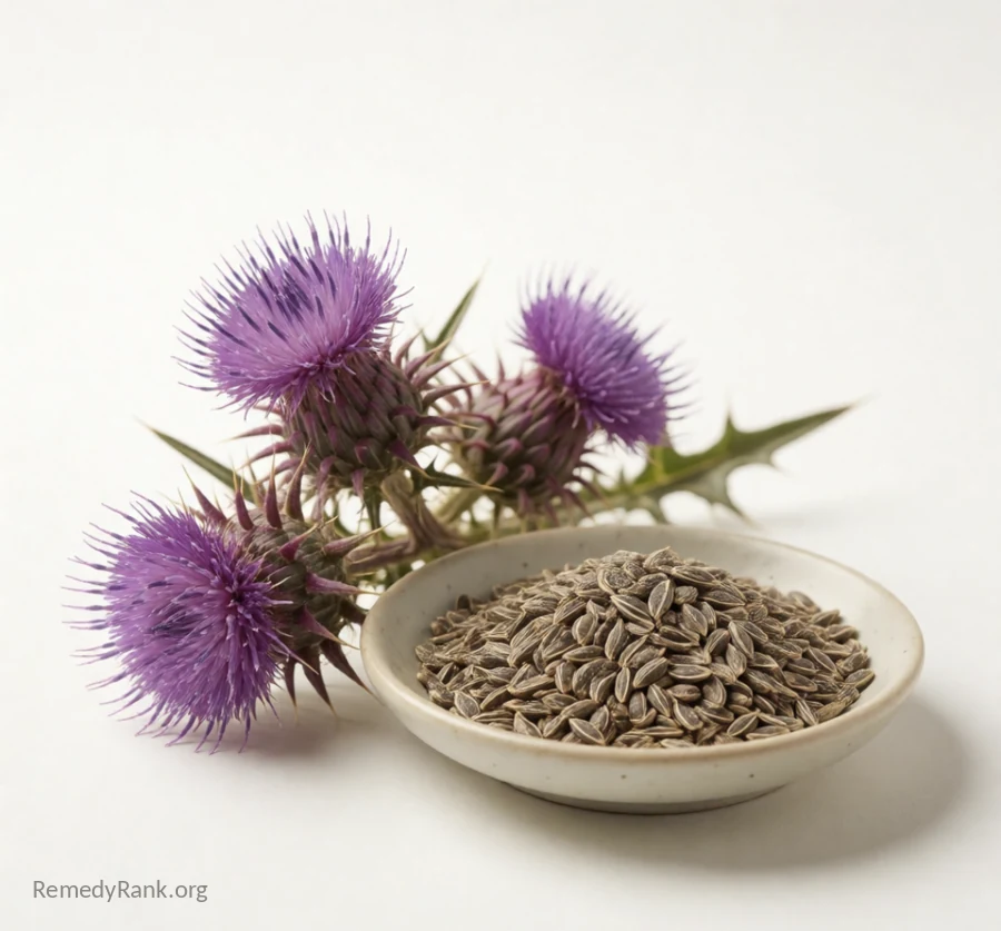 Spiny purple milk thistle flower heads next to a small dish of dried speckled seeds.