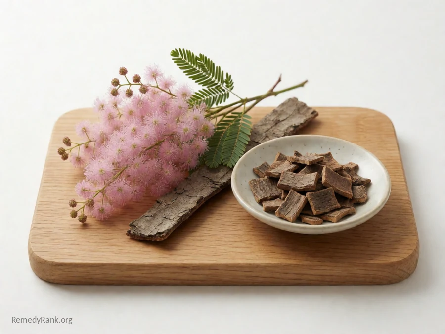 Fresh mimosa flowers and bark beside a dish of dried mimosa bark.