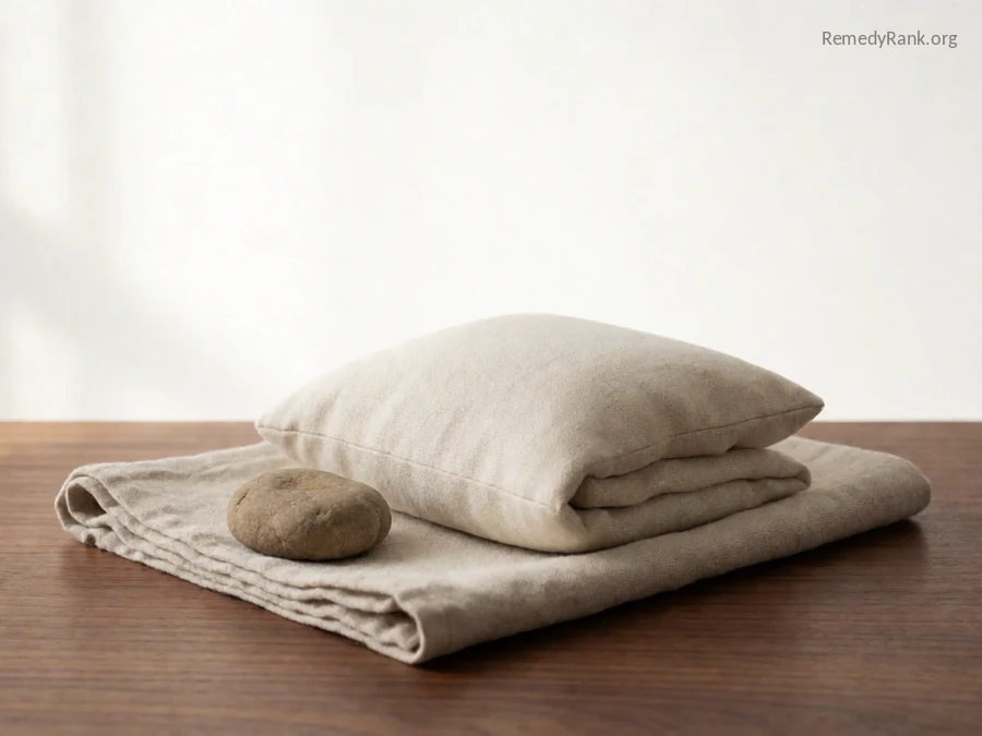 A small smooth stone next to a folded cushion.