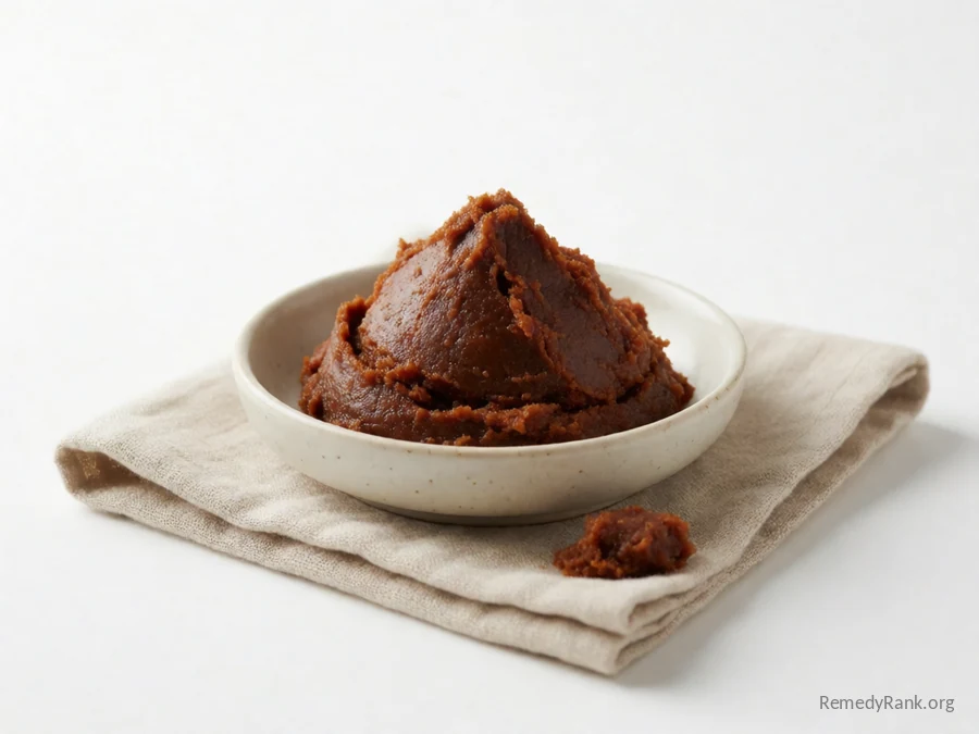 A mound of thick, dark reddish-brown miso paste.