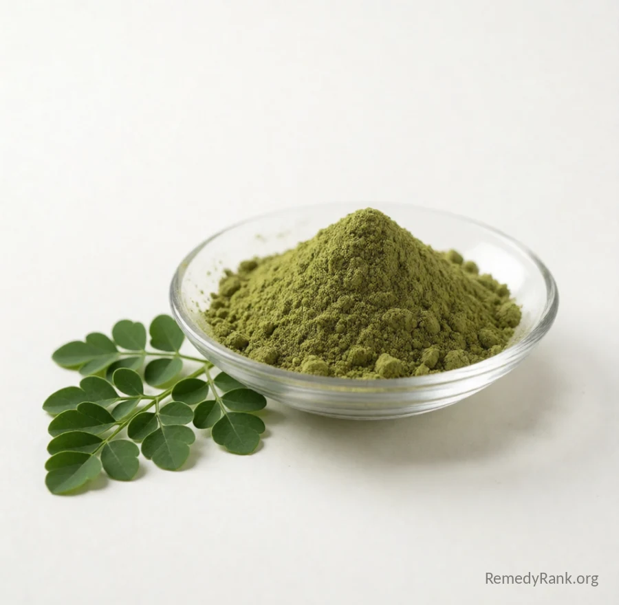 A glass dish of fine deep green moringa powder sits beside a few fresh moringa leaves.