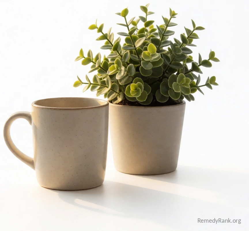 A simple ceramic mug resting beside a small potted green plant catching warm morning light.