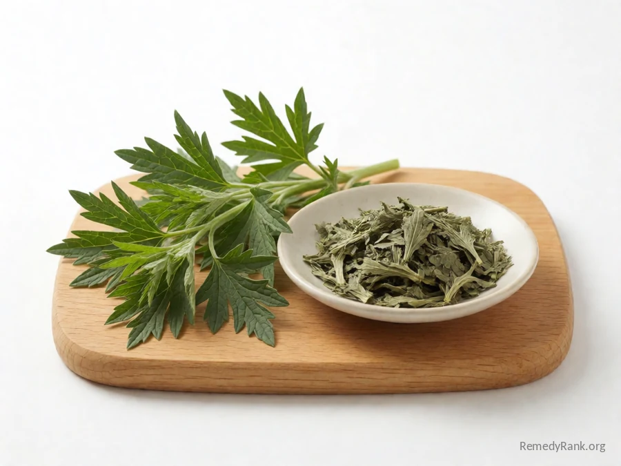 Fresh motherwort leaves beside a dish of dried motherwort.