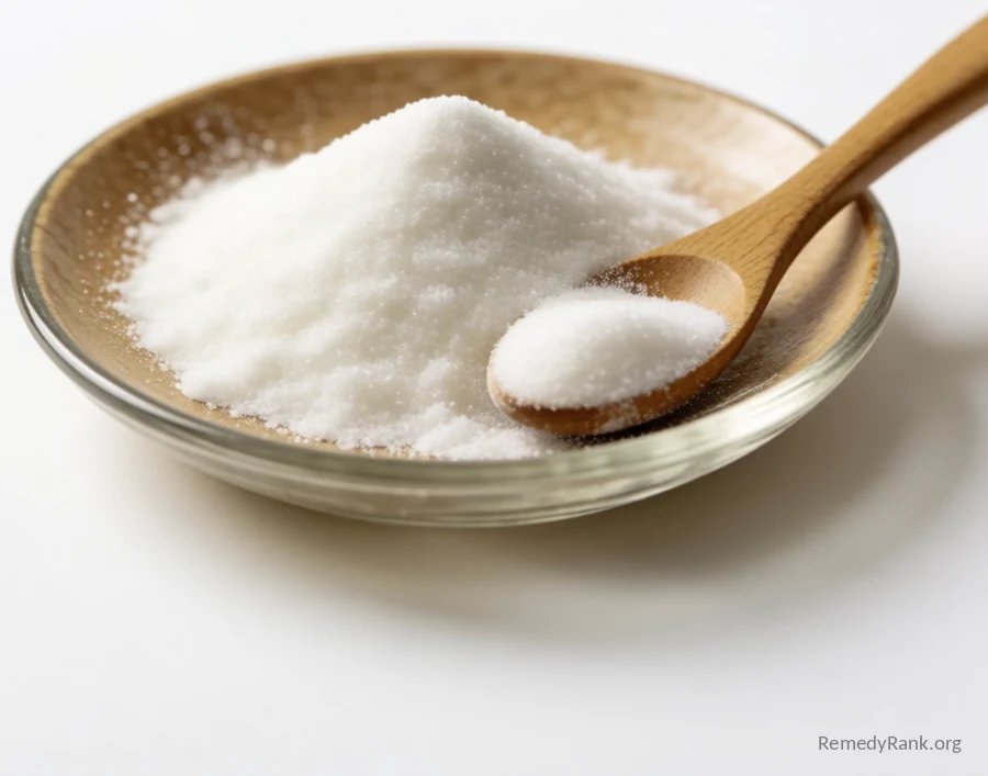 A small glass dish of fine white crystalline powder with a wooden spoon resting beside it.