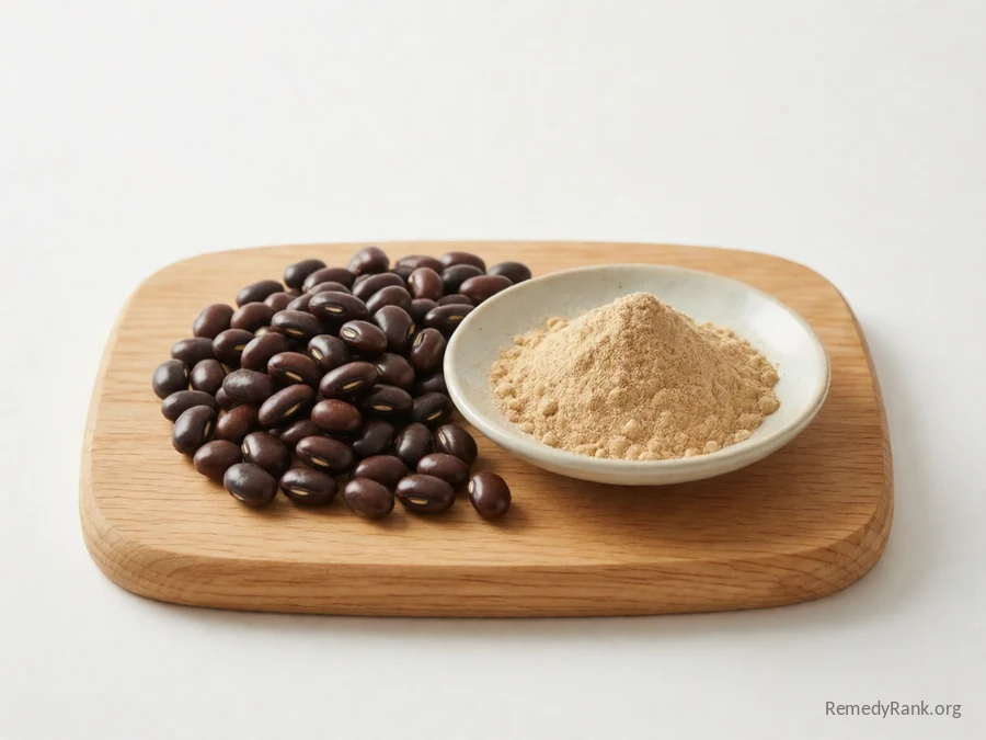 Whole mucuna pruriens beans beside a dish of mucuna bean powder.