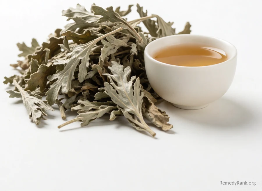 Dried silvery-green mugwort leaves piled beside a small plain white teacup.