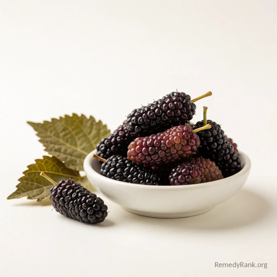Fresh dark purple mulberries piled in a small white bowl beside a few dried mulberry leaves.
