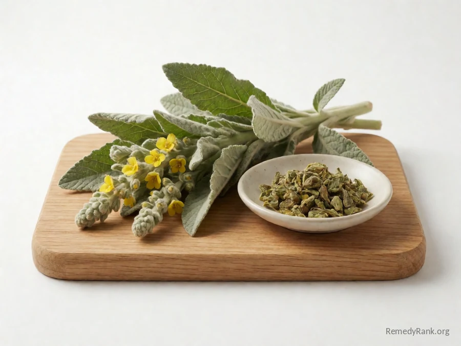 Fresh mullein leaves and flowers beside a dish of golden mullein oil.