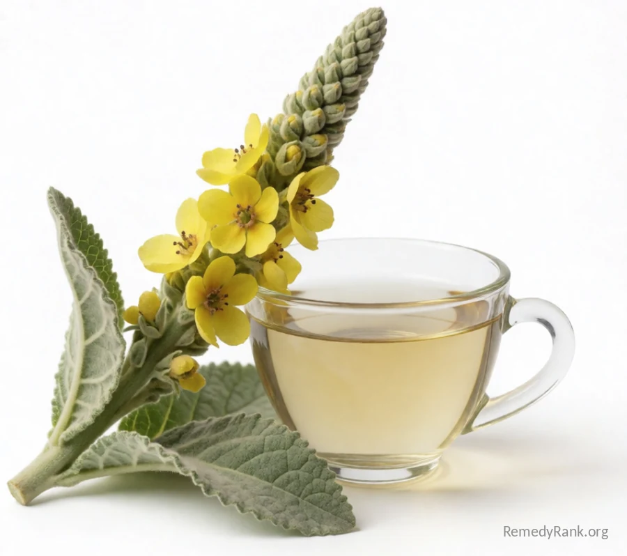 A soft grey-green mullein leaf and a yellow flower spike rest beside a glass cup of pale tea.