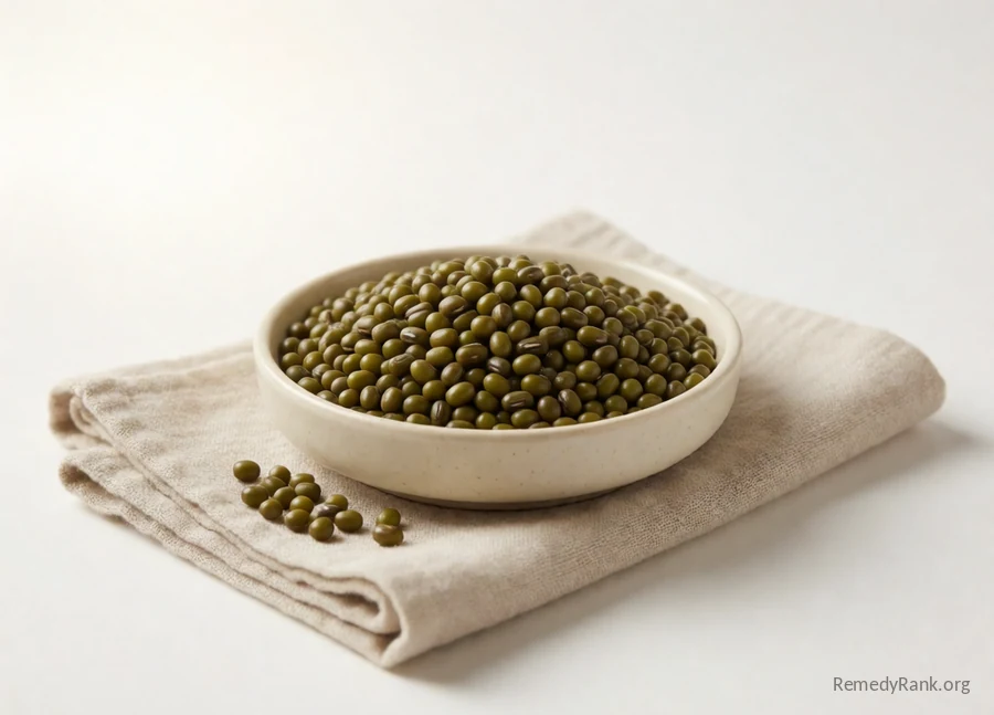 A small pile of glossy dark green mung beans.