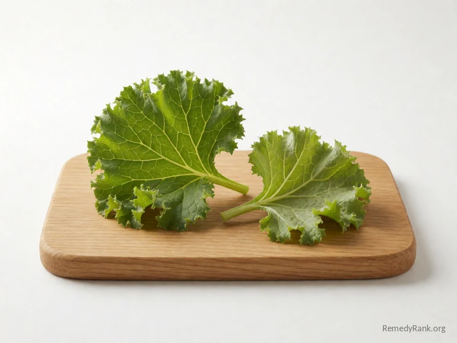 A whole mustard green leaf beside one cut to show its pale rib.