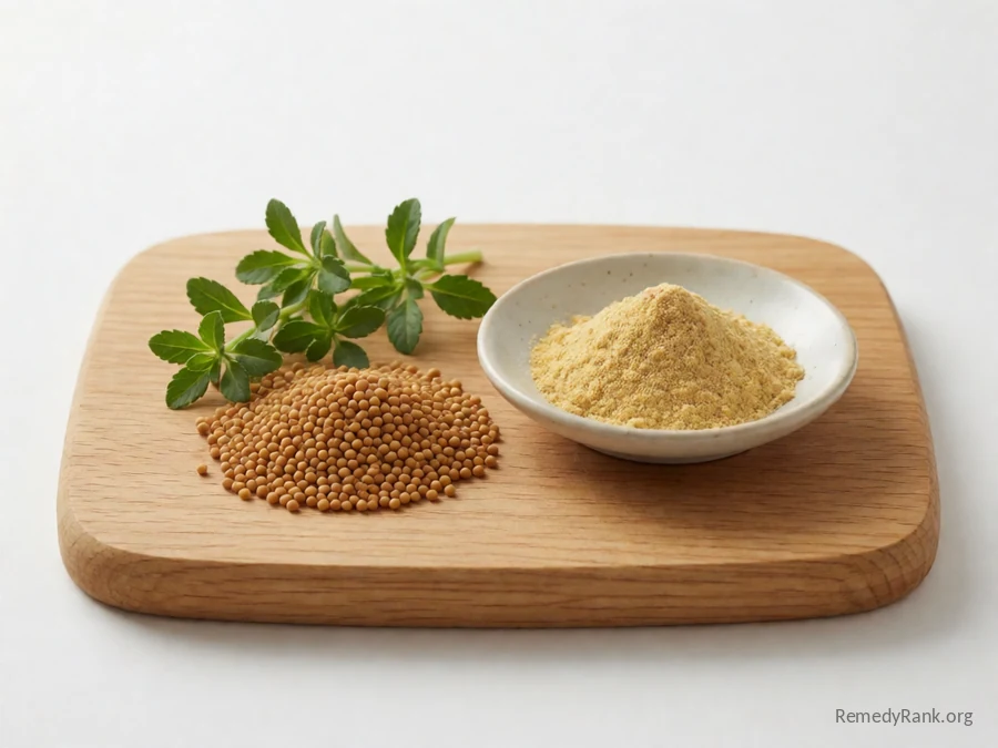 Whole mustard seeds beside a dish of ground mustard powder.