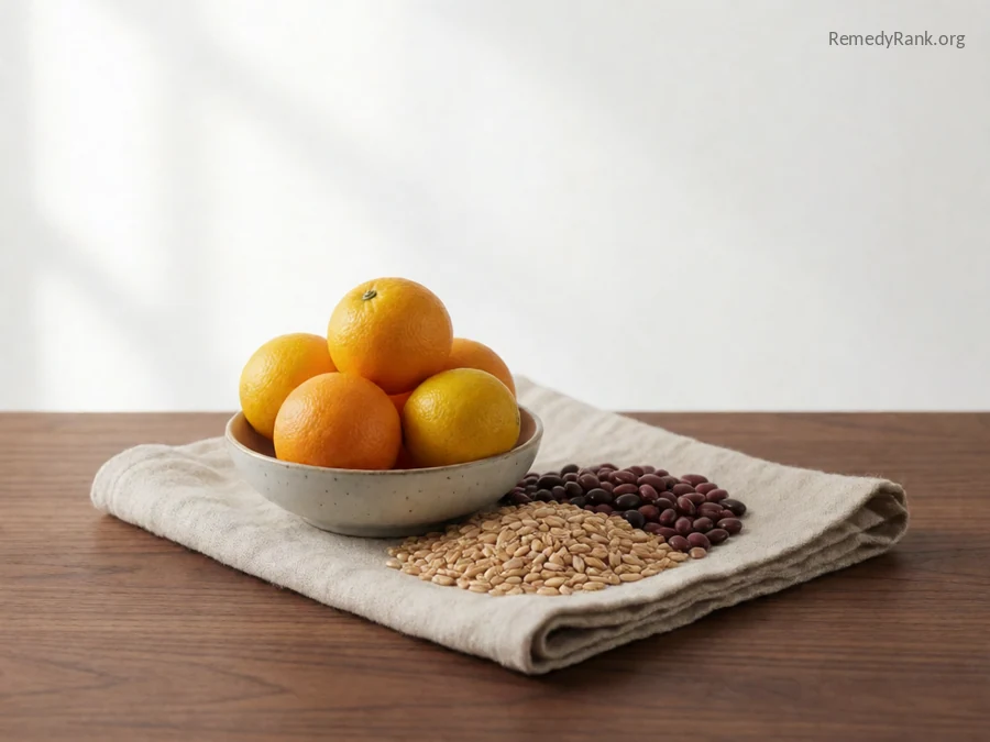 A small bowl of citrus fruit next to whole grains and dried beans.