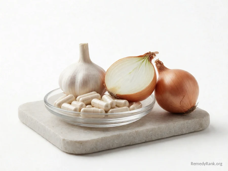 White oblong capsules beside a garlic bulb and a halved onion.