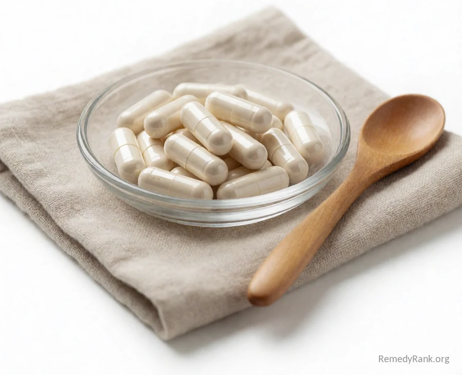A small glass dish of plain white capsules resting beside a wooden spoon on a linen cloth.