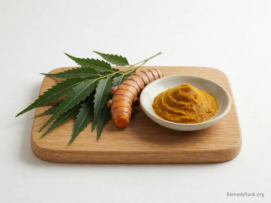 Neem leaves and turmeric root beside a dish of the yellow-orange paste.