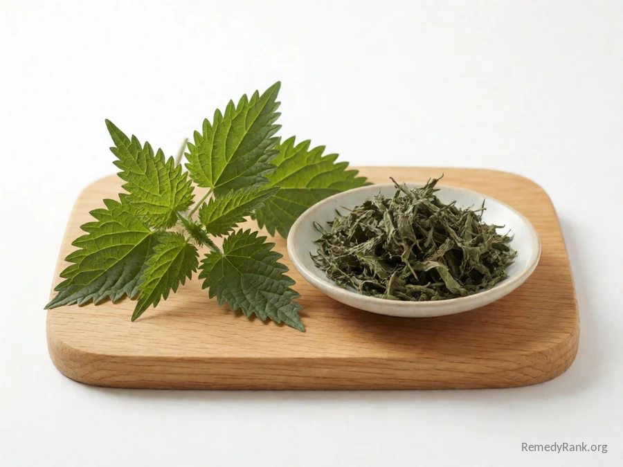 Fresh nettle leaves beside a dish of dried nettle leaf.