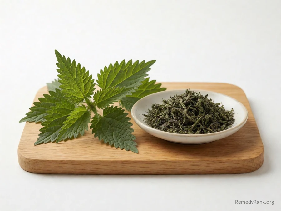 Fresh stinging nettle leaves beside a dish of dried nettle tea leaf.