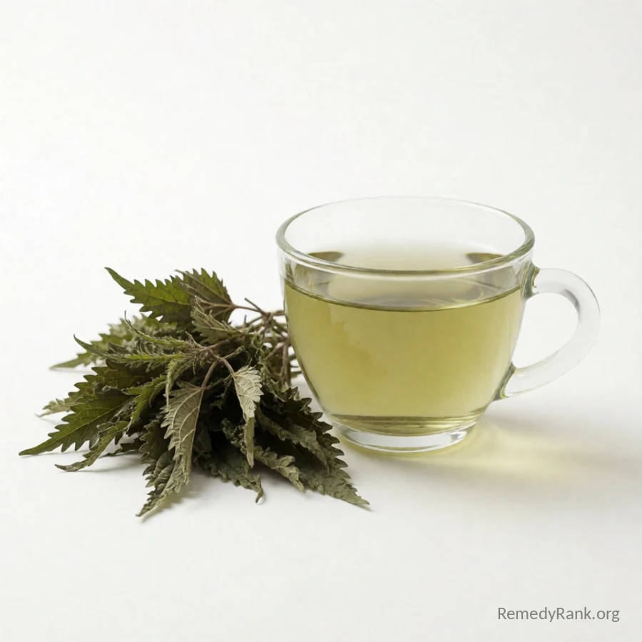 A bundle of dried nettle leaves rests beside a glass cup of pale green nettle tea.