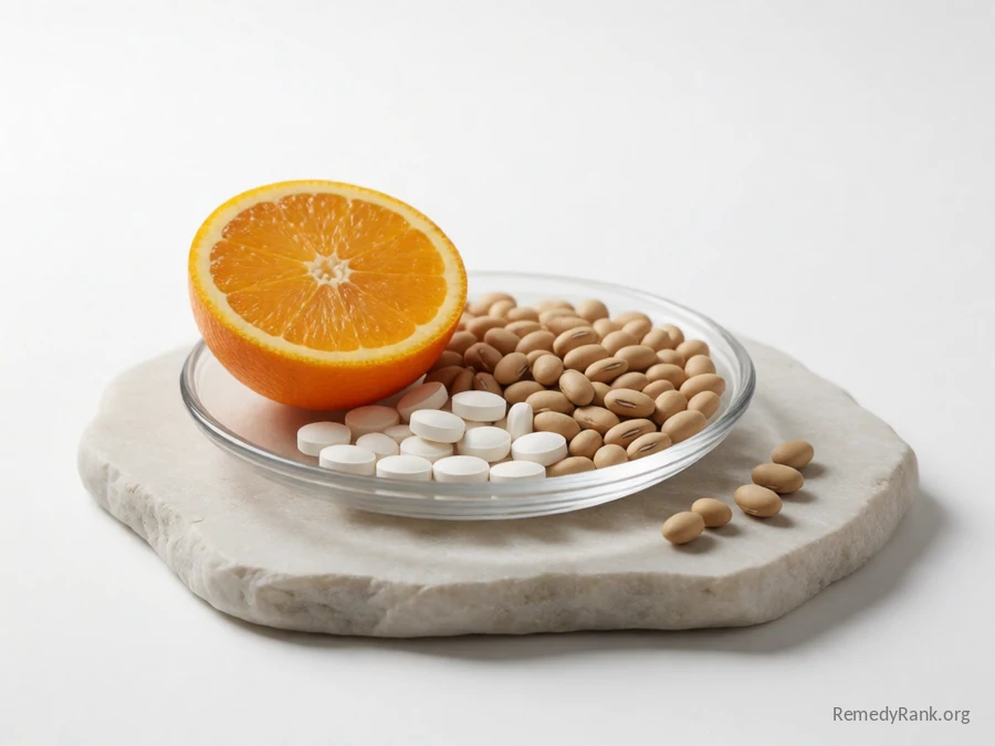 Small white tablets beside a halved orange and dried beans.