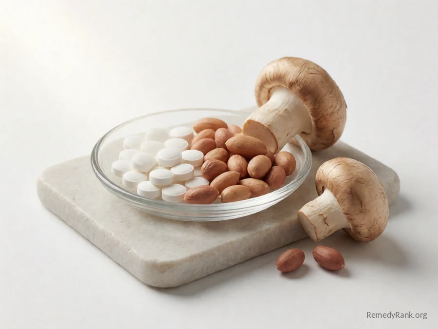 Small white round tablets beside peanuts and a whole mushroom.