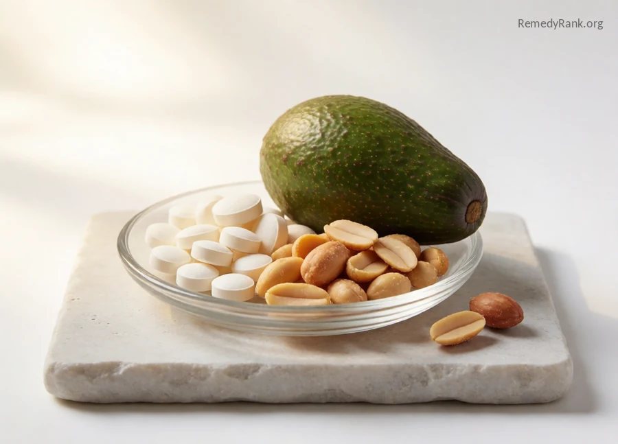 Pale white tablets beside a ripe avocado and roasted peanuts.