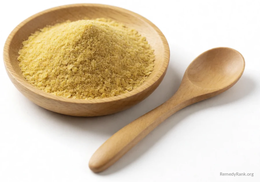 A small wooden bowl of yellow nutritional yeast flakes with a plain wooden spoon resting beside it.