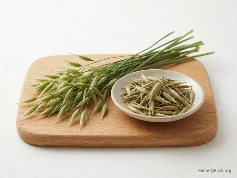 Fresh green oat straw stems beside a dish of dried oat straw.