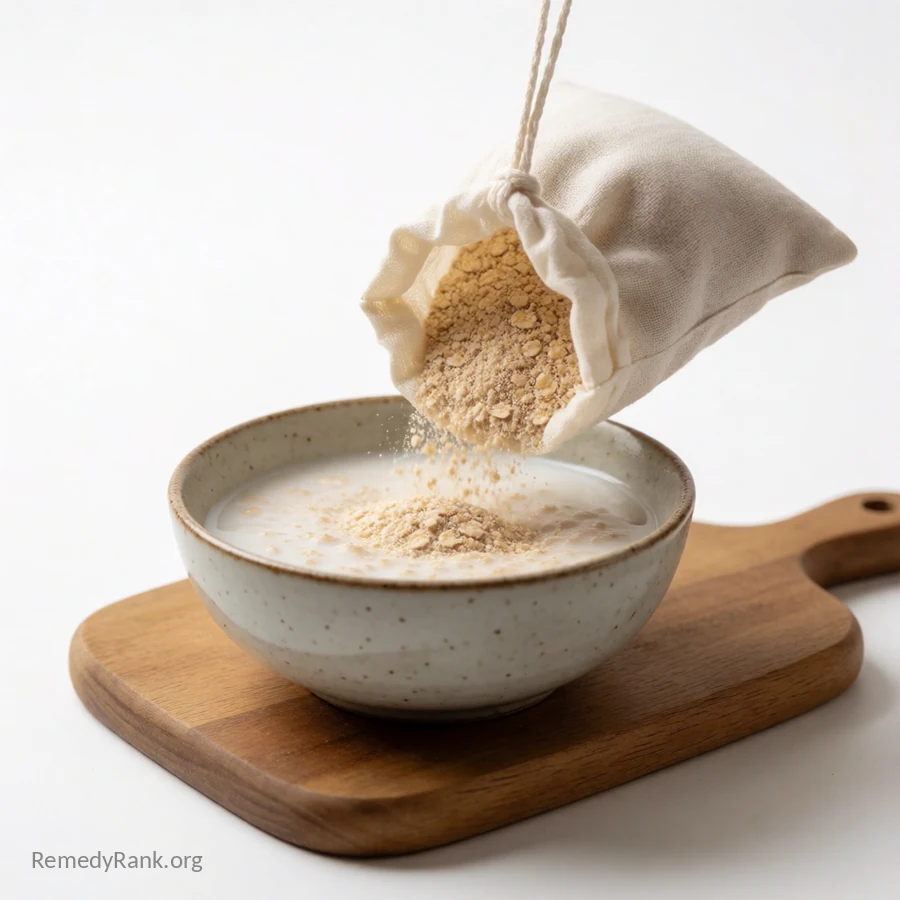 A linen sachet of finely ground oats spilling into a ceramic bowl of milky oat-water.