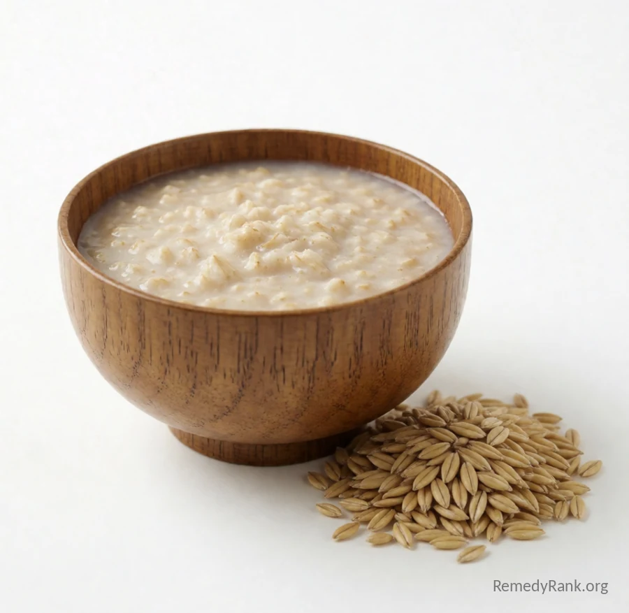 A wooden bowl of warm cooked oatmeal next to a small pile of raw whole oat grains.
