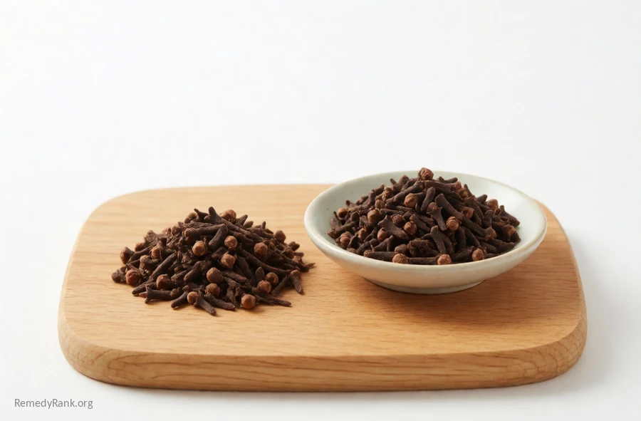 Whole dried clove buds beside a dish of amber clove oil.